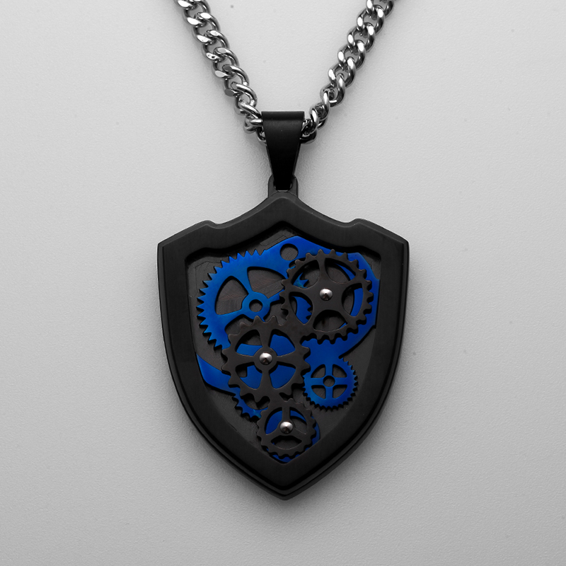 Gear rozsdamentes acél medál kéttónusú fekete és kék nyaklánc kreatív férfi medál ékszerek